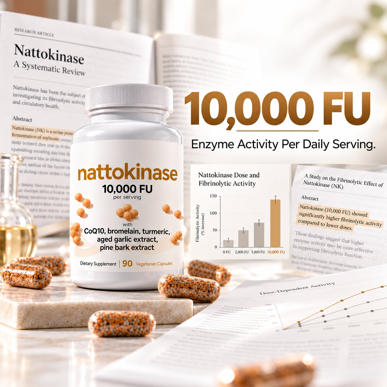 Londira nattokinase bottle with capsules on a marble surface, beside research papers and dose charts, marked 10,000 FU enzyme activity per daily serving