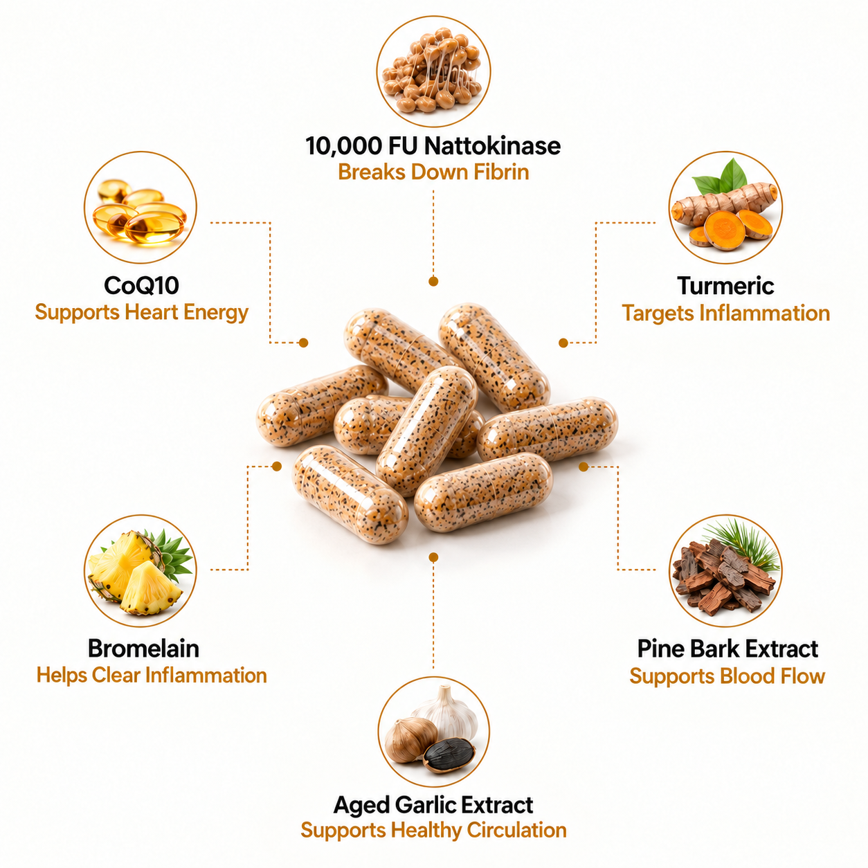 Six ingredients in one capsule — 10,000 FU nattokinase, CoQ10, turmeric, bromelain, aged garlic extract and pine bark extract