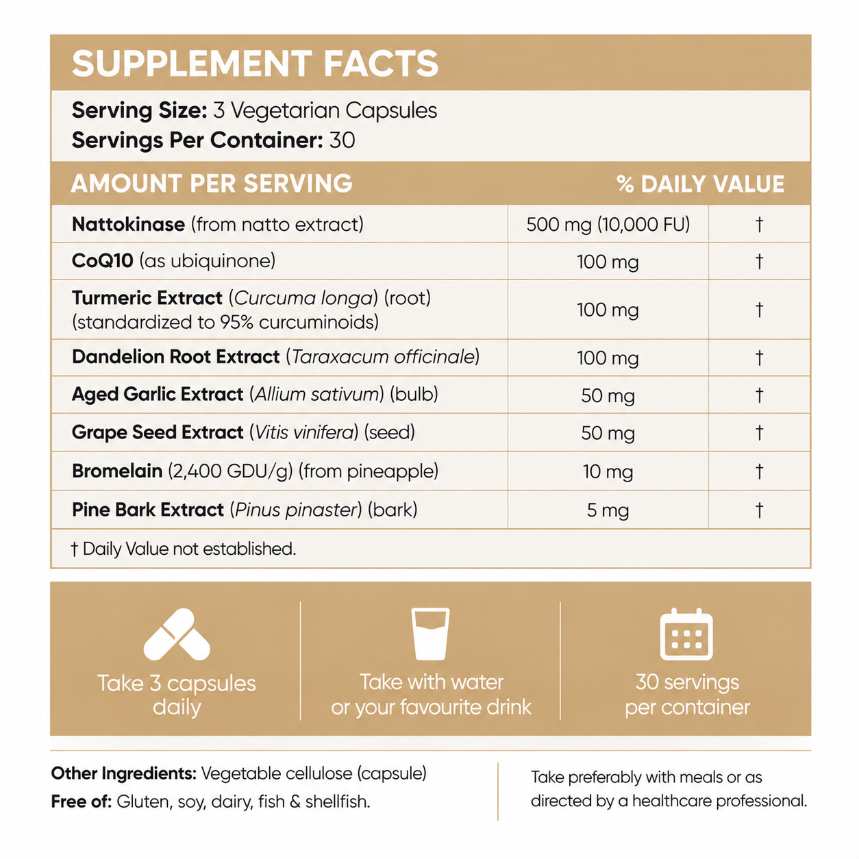 Supplement facts — 3 vegetarian capsules per serving, 30 servings per container: nattokinase 500 mg (10,000 FU), CoQ10, turmeric extract, dandelion root extract, aged garlic extract, grape seed extract, bromelain and pine bark extract